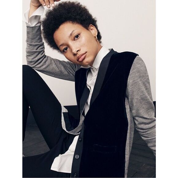 J Crew Cardigan Sweater Harlow Gray Black Merino Wool Velvet Button Front Sz XS - Picture 3 of 11